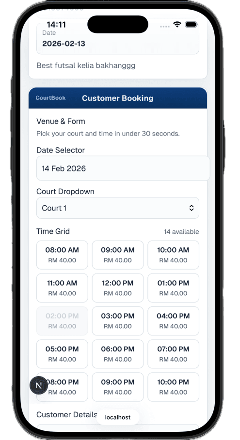 CourtBook booking experience on mobile phone