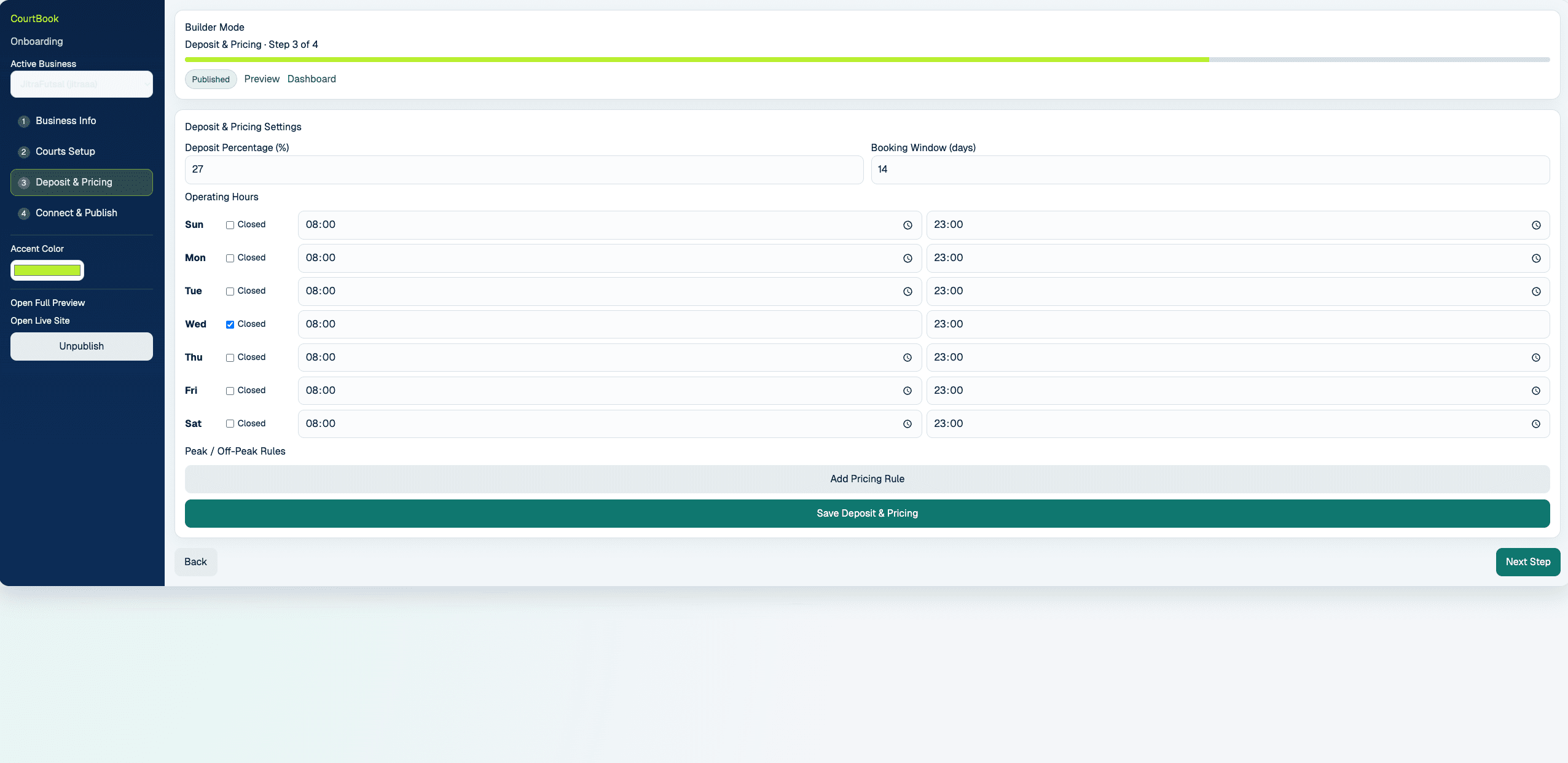 CourtBook builder mode configuration screen